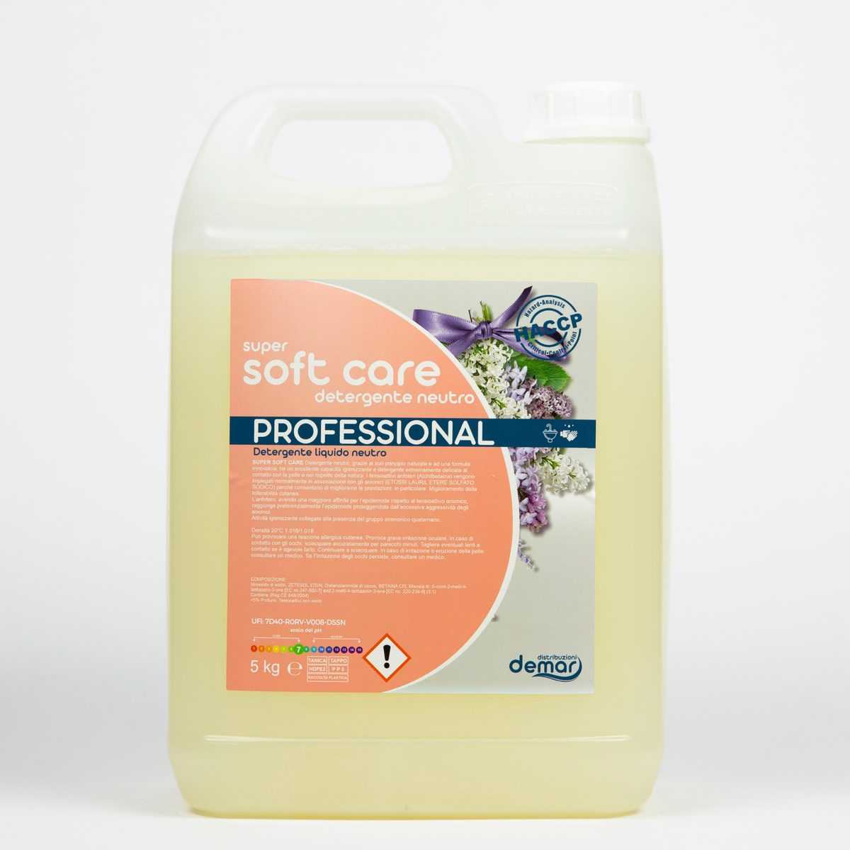 Detergente liquido neutro igienizzante per mani, certificato HACCP, marchio Demar